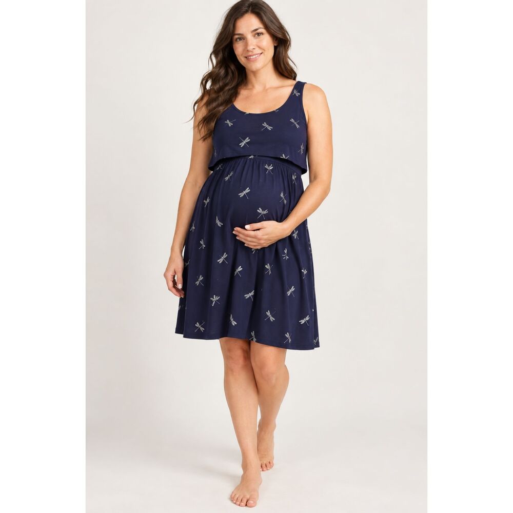 Motherhood Maternity Navy Dragonfly Print Nursing Dress Sleeveless Size M